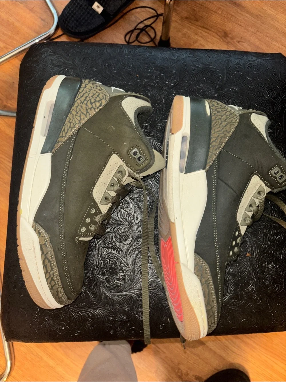 Jordan Men’s Olive Green and Cream Retro Sneakers